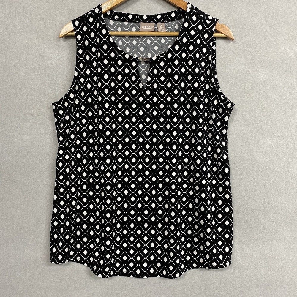 Chico's Women 2 Sleeveless Blouse Black White Geometric Office Career Top